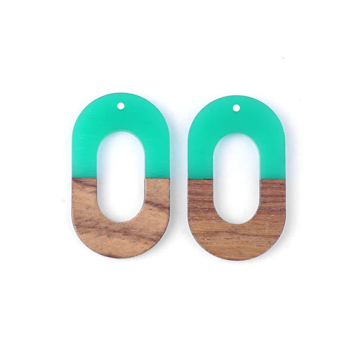 22x38mm Wood & Green Turquoise Resin Squared Oval Focal Pieces (1 Pair)
