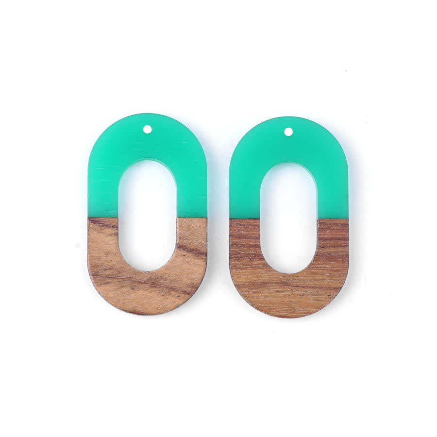 22x38mm Wood & Green Turquoise Resin Squared Oval Focal Pieces (1 Pair)