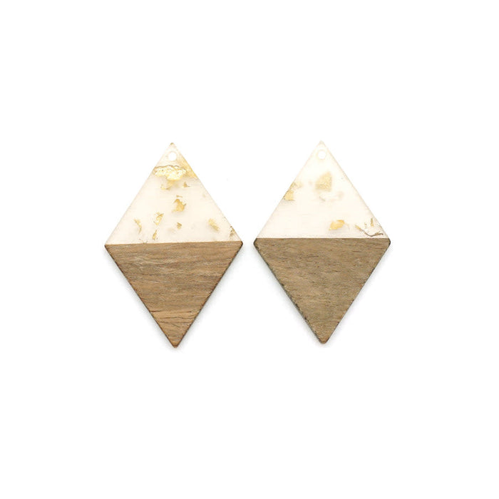 30x48mm Wood & Clear Resin with Gold Foil Diamond Shape Focal Piece Pendant (1 Pair)