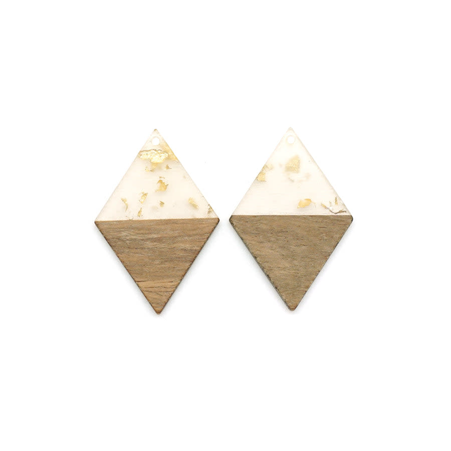 30x48mm Wood & Clear Resin with Gold Foil Diamond Shape Focal Piece Pendant (1 Pair)