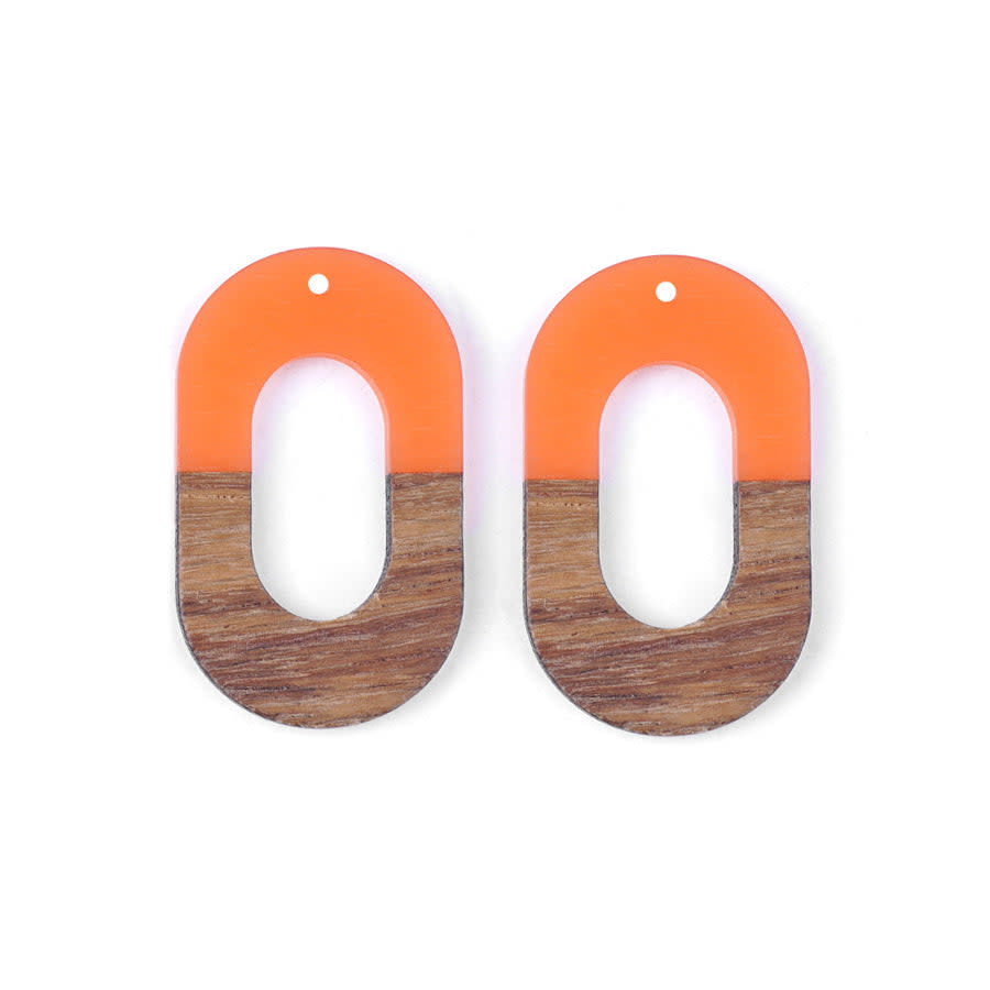 22x38mm Wood & Coral Resin Squared Oval Focal Pieces (1 Pair)