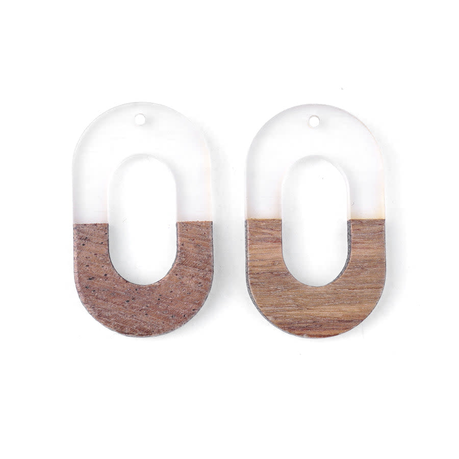 22x38mm Wood & Frosted Clear Resin Squared Oval Focal Pieces (1 Pair)