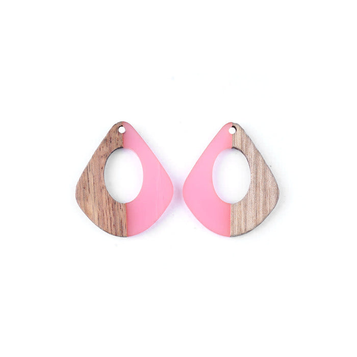 28x32mm Wood & Frosted Pink Resin Pear Shaped with Cut Out Focal Pieces (1 Pair)