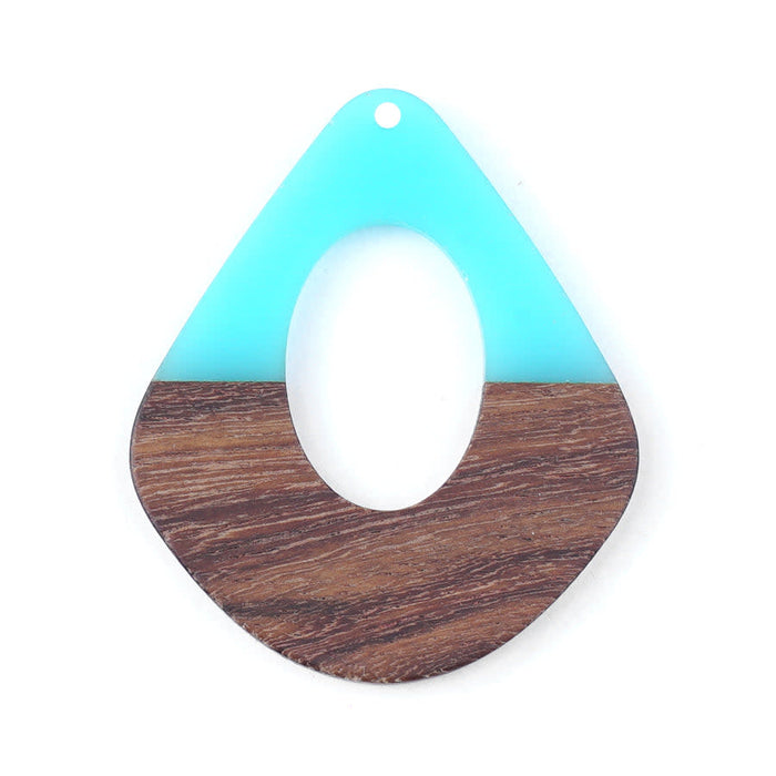 42x48mm Wood & Sea Blue Resin Pear Shaped with Cut Out Focal Piece Pendant