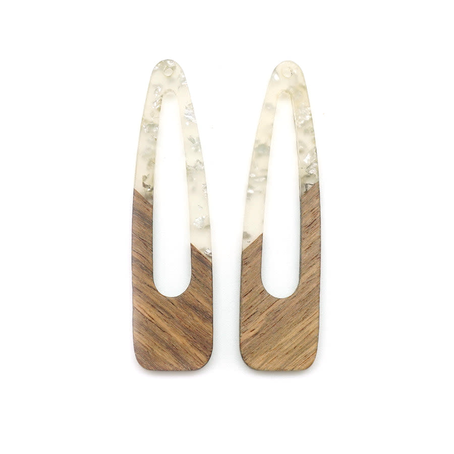 17x66mm Wood & Clear Resin with Silver Foil Raindrop with Cutout Focal Piece Pendant (1 Pair)