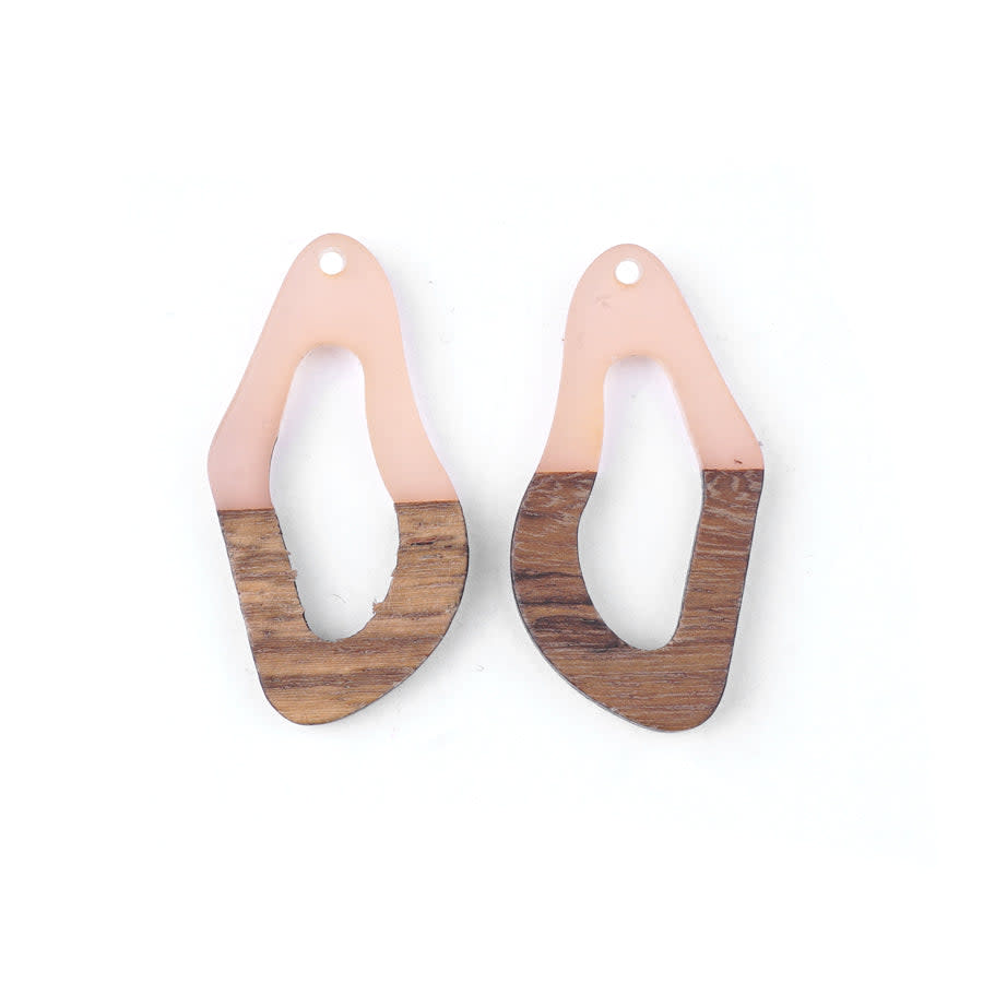 20x38mm Wood & Pale Pink Resin Free Form Shaped with Cut Out Focal Piece Pendant (1 Pair)