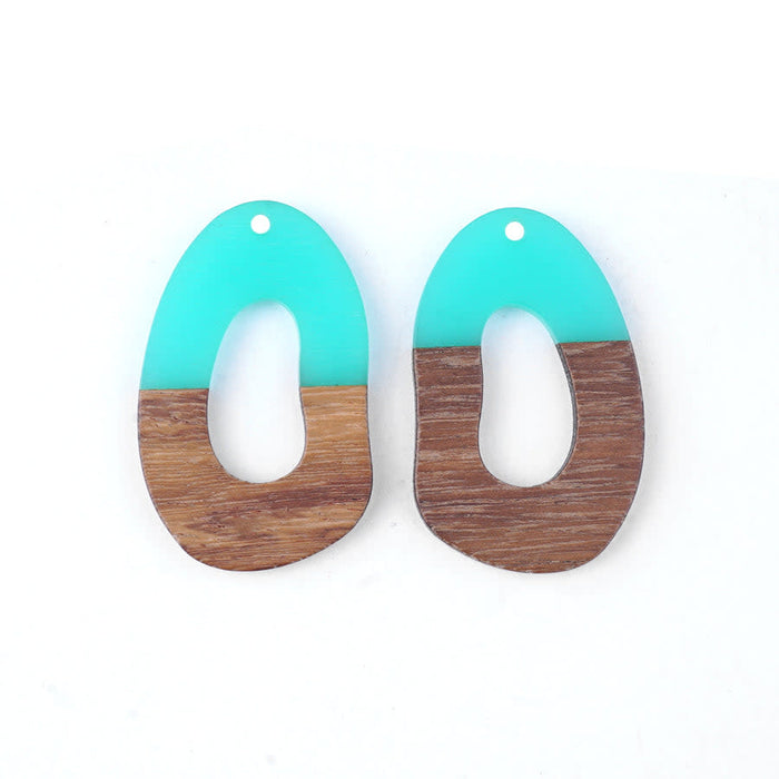22x38mm Wood & Sea Blue Resin Free Form Shaped with Cut Out Focal Piece Pendant (1 Pair)