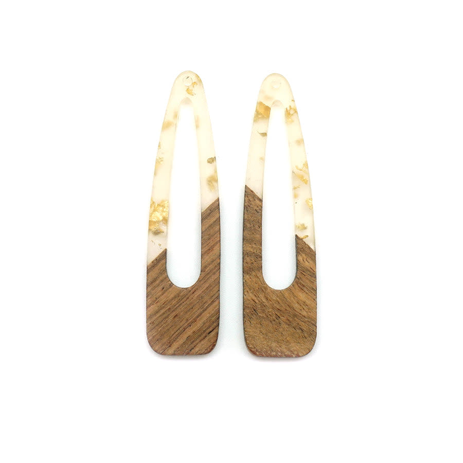 17x66mm Wood & Clear Resin with Gold Foil Raindrop with Cutout Focal Piece Pendant (1 Pair)