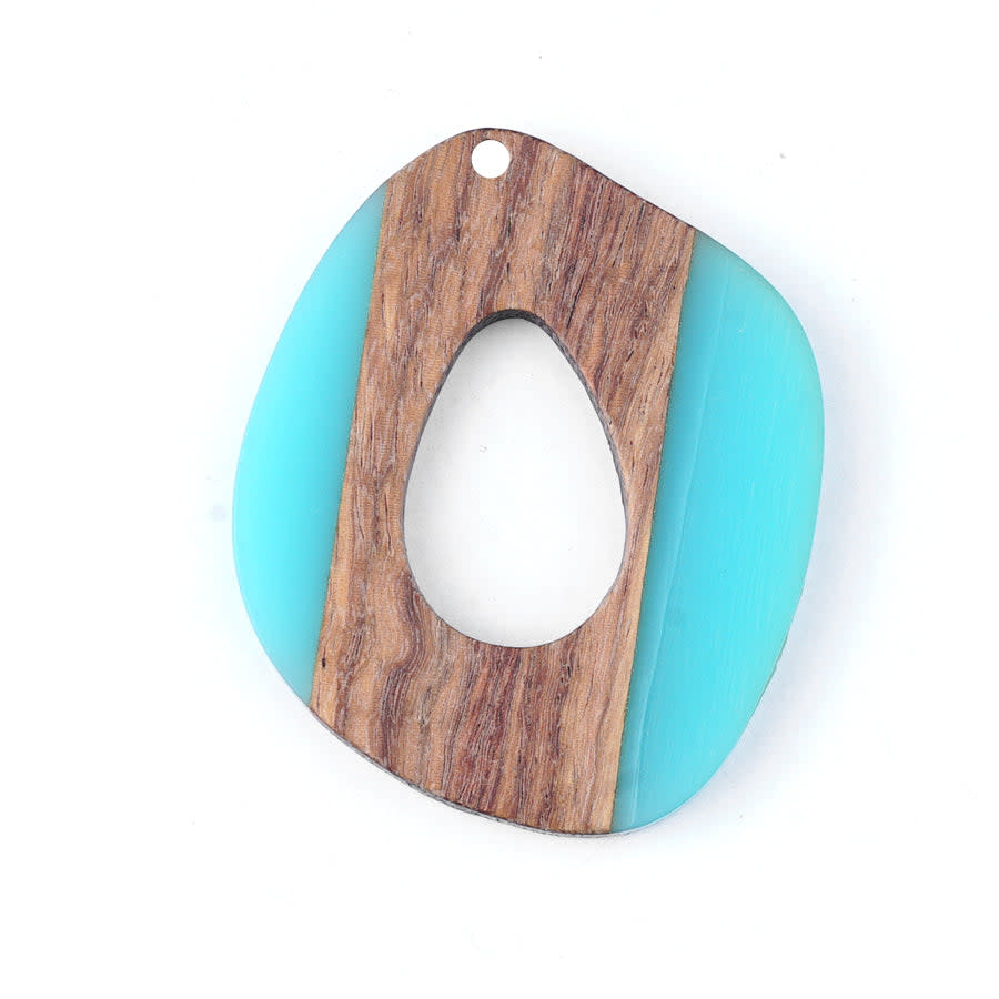 40x47mm Wood & Sea Blue Resin Free Form Shaped with Cut Out Focal Piece Pendant