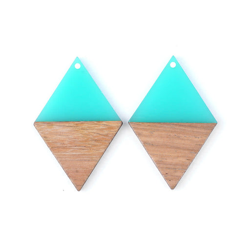 30x48mm Wood & Turquoise Resin Diamond Shape Focal Piece Pendant (1 Pair)