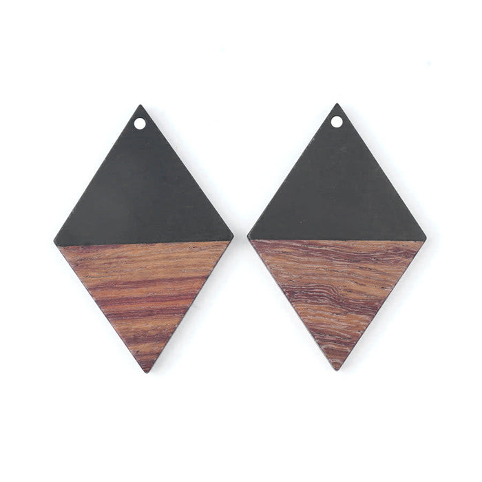 30x48mm Wood & Jet Resin Diamond Shape Focal Piece Pendant (1 Pair)