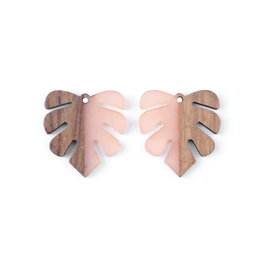 28x32mm Wood & Pale Pink Resin Leaf Focal Piece Pendant (1 Pair)