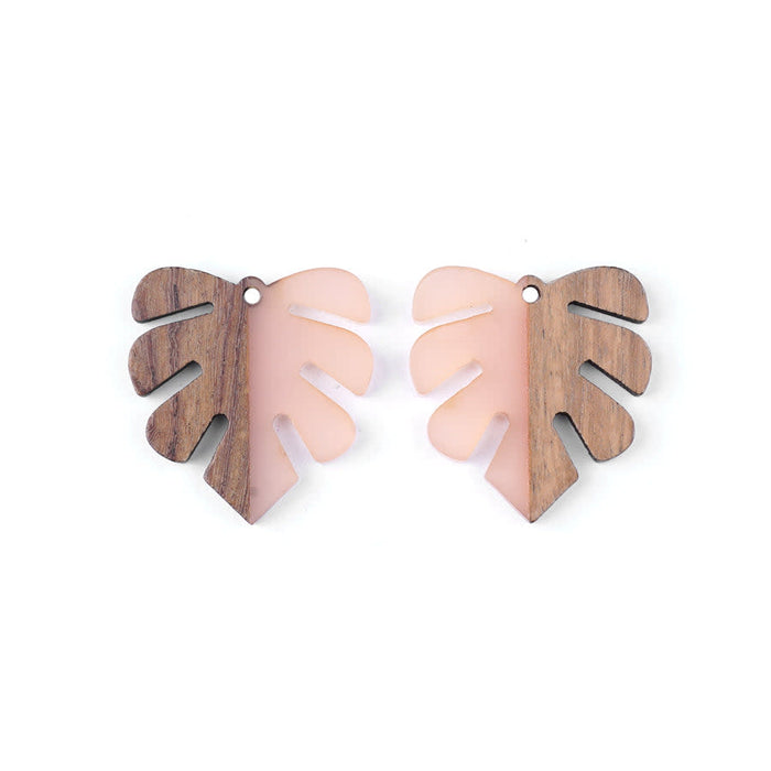 28x32mm Wood & Pale Pink Resin Leaf Focal Piece Pendant (1 Pair)