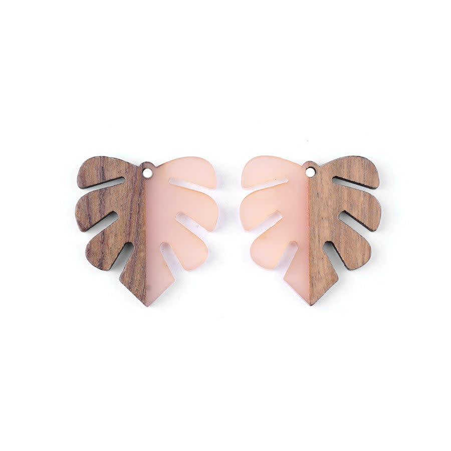 28x32mm Wood & Pale Pink Resin Leaf Focal Piece Pendant (1 Pair)
