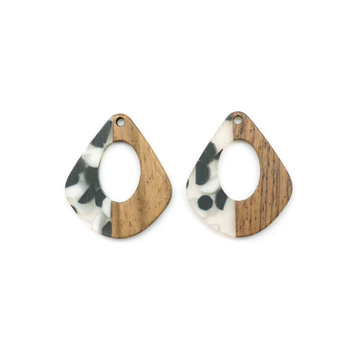 28x32mm Wood & Clear Resin with Black & White Dots Pear Shape with Cutout Focal Piece Pendant Charm (1 Pair)