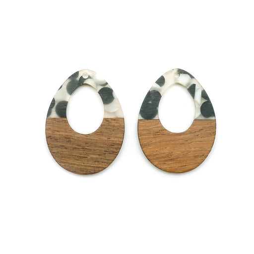 28x38mm Wood & Clear Resin with Black & White Dots Off Center Drop Focal Pieces (1 Pair)
