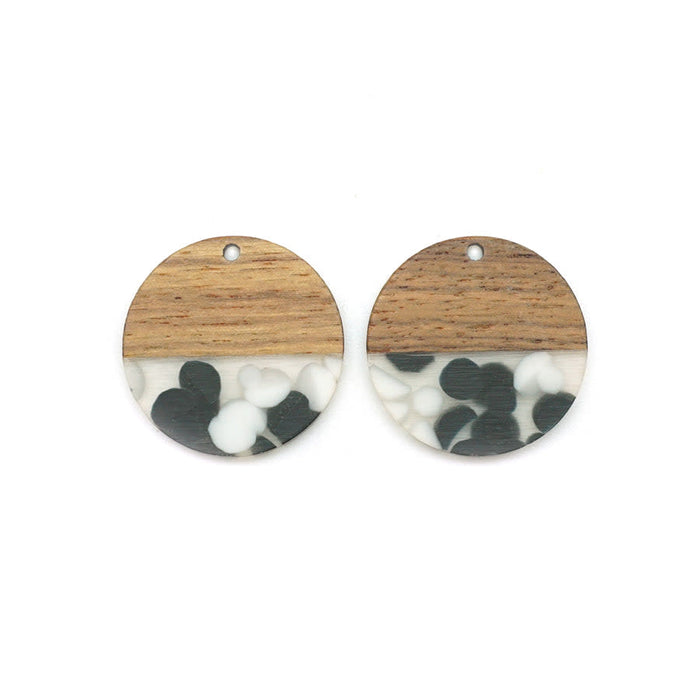 28mm Wood & Clear Resin with Black & White Dots Disc Focal Piece Pendant Charm (1 Pair)