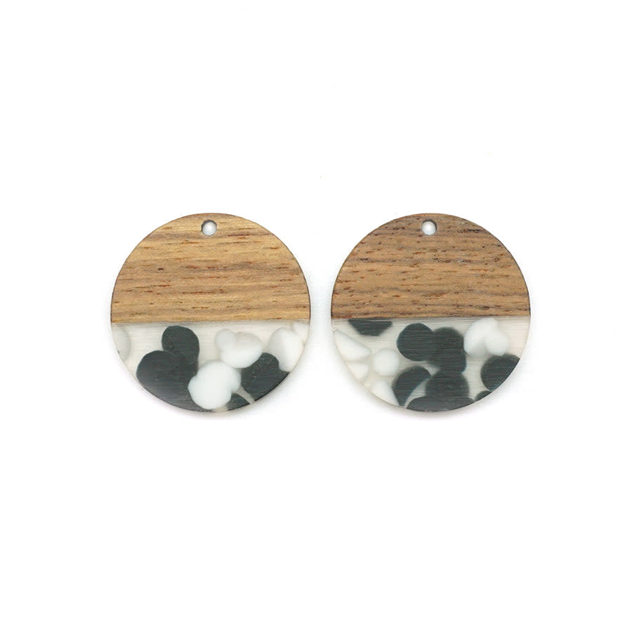 28mm Wood & Clear Resin with Black & White Dots Disc Focal Piece Pendant Charm (1 Pair)