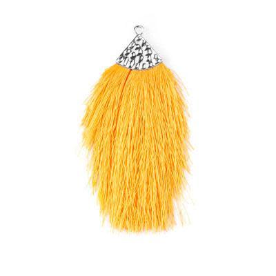 Mustard Yellow Large Capped Flat Tassel with Silver Textured Cap - 4.25 Inches Long