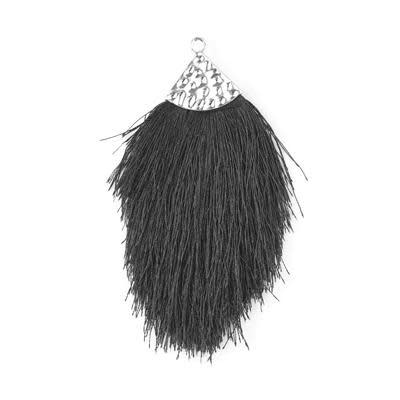 Black Large Capped Flat Tassel with Silver Textured Cap - 4.25 Inches Long