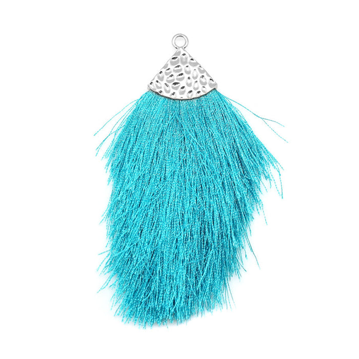 Turquoise Large Capped Flat Tassel with Silver Textured Cap - 4.25 Inches Long