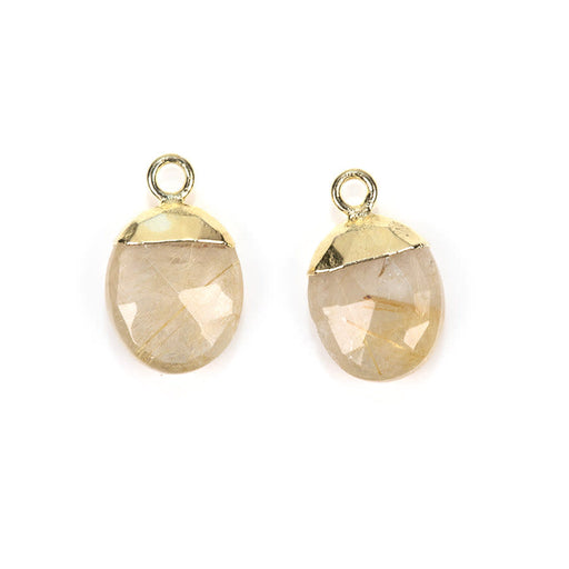 12.5mm Oval Gemstone Gold Electroplated Charm - Rutilated Quartz (2 Pieces)