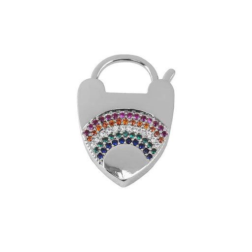 Locked Up in Love 23mm Heart Latch Clasp with Rainbow Crystals - Silver Plated