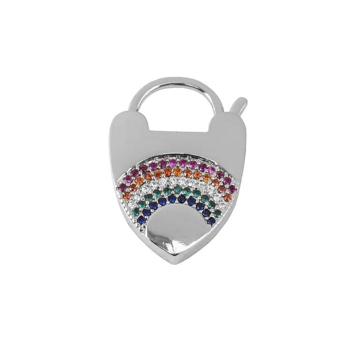 Locked Up in Love 23mm Heart Latch Clasp with Rainbow Crystals - Silver Plated