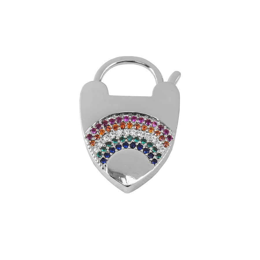 Locked Up in Love 23mm Heart Latch Clasp with Rainbow Crystals - Silver Plated