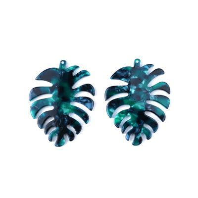 45x35mm Green and Black Acetate Tropical Leaf Pendant (1 Pair)