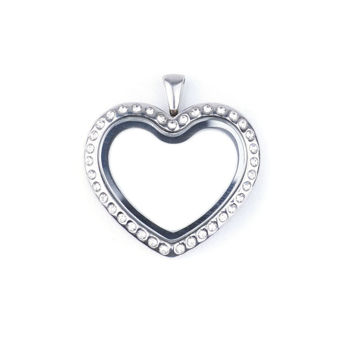 32mm Heart Shaped Stainless Steel Locket with Clear Crystals