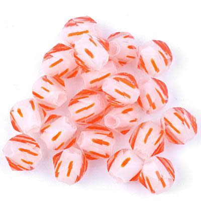 White with Orange Stripes Faceted Round Cane Glass Beads