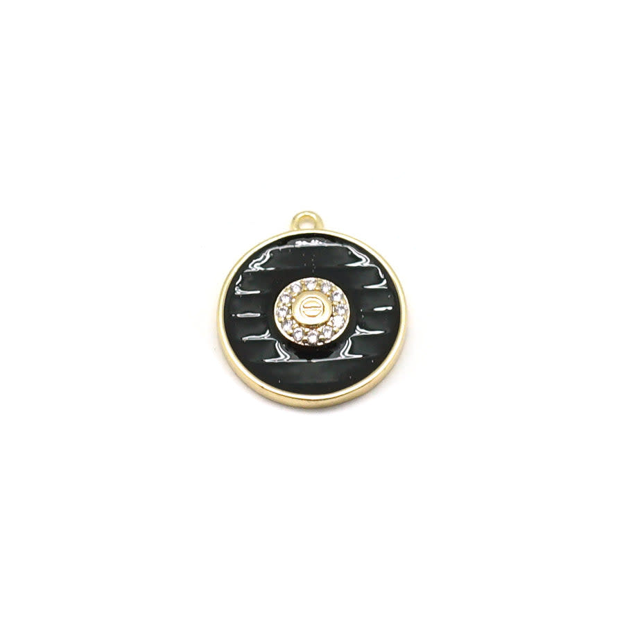 13mm Black Enamel Gold Plated Round Rhinestone Center Charm
