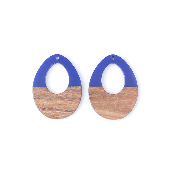 28x38mm Wood & Navy Blue Resin Off Center Drop Focal Pieces (1 Pair)