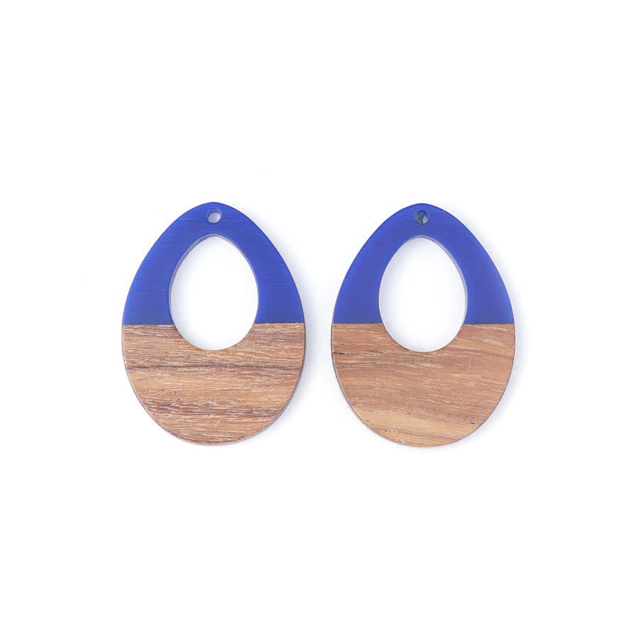28x38mm Wood & Navy Blue Resin Off Center Drop Focal Pieces (1 Pair)