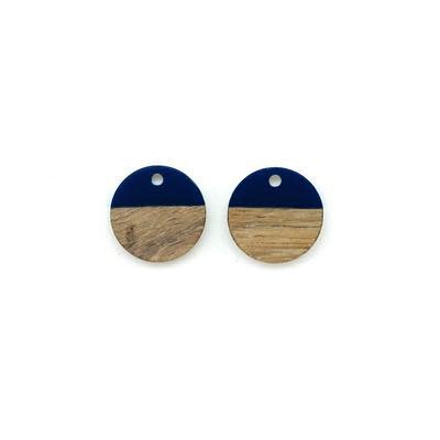 15mm Wood & Navy Blue Resin Disc Focal Piece Pendant Charm (1 Pair)