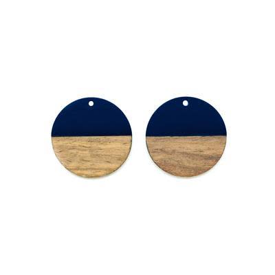 28mm Wood & Navy Blue Resin Disc Focal Piece Pendant Charm (1 Pair)