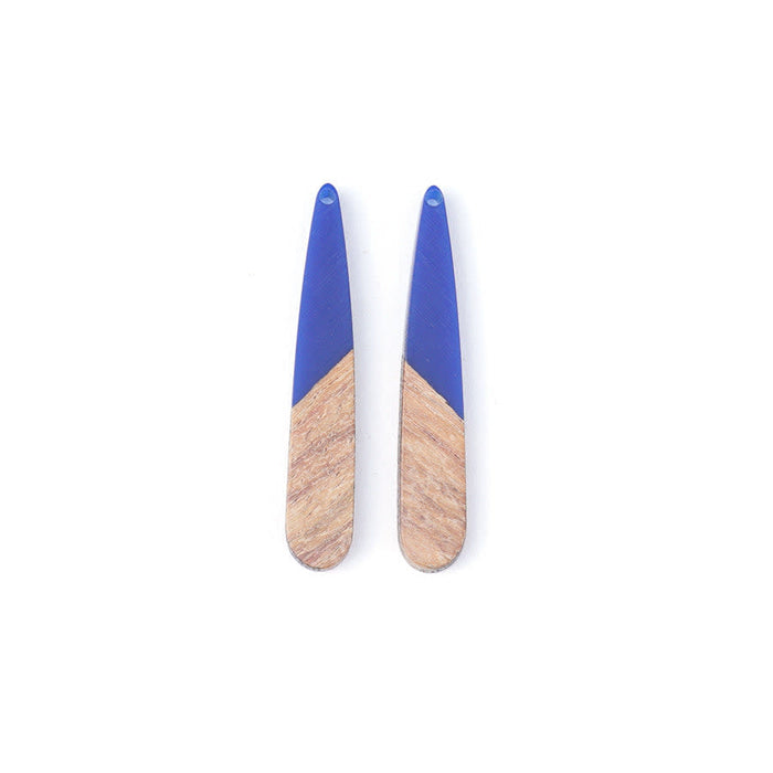 9x44mm Wood & Navy Blue Resin Long Drop Focal Piece Pendant Charm (1 Pair)