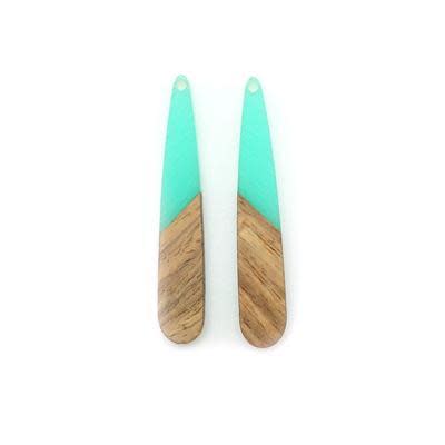 9x44mm Wood & Sea Blue Resin Long Drop Focal Piece Pendant Charm (1 Pair)