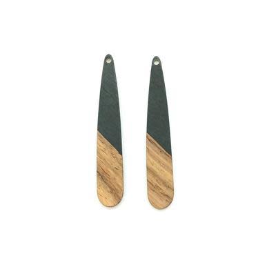 9x44mm Wood & Black Resin Long Drop Focal Piece Pendant Charm (1 Pair)