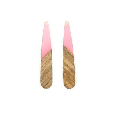 9x44mm Wood & Pink Resin Long Drop Focal Piece Pendant Charm - 2 Pack