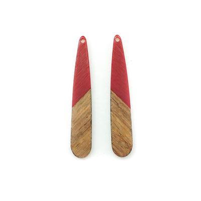 9x44mm Wood & Deep Red Resin Long Drop Focal Piece Pendant Charm (1 Pair)