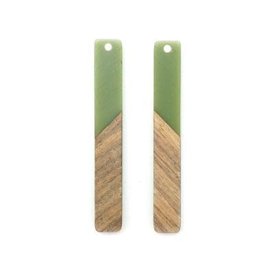 8x52mm Wood & Olive Green Resin Long Rectangle Focal Piece Pendant Charm (1 Pair)