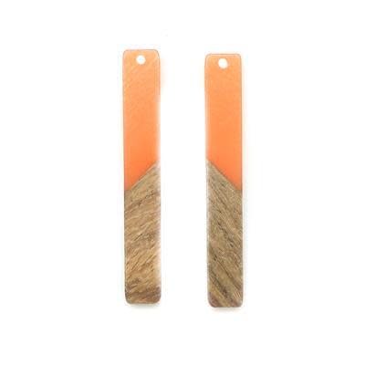 8x52mm Wood & Orange Resin Long Rectangle Focal Piece Pendant Charm (1 Pair)