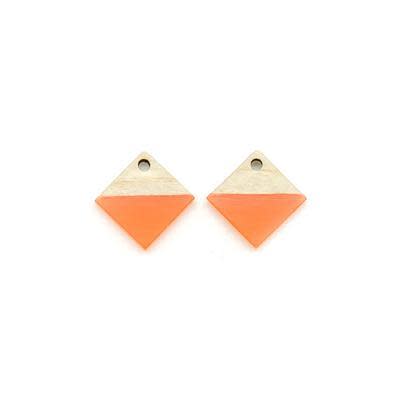 12mm Wood & Orange Resin Diamond Focal Piece Pendant Charm (2 Pieces)