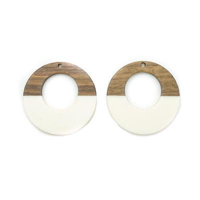 38mm Wood & Cream Resin Off Center Donut Focal Piece Pendant (1 Pair)