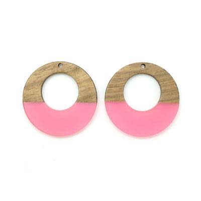 38mm Wood & Pink Resin Off Center Donut Focal Piece Pendant (1 Pair)
