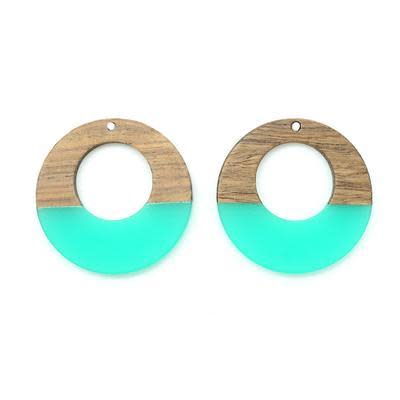 38mm Wood & Sea Blue Resin Off Center Donut Focal Piece Pendant (1 Pair)