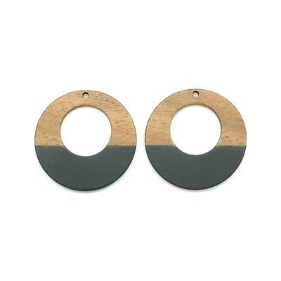 38mm Wood & Black Resin Off Center Donut Focal Piece Pendant (1 Pair)