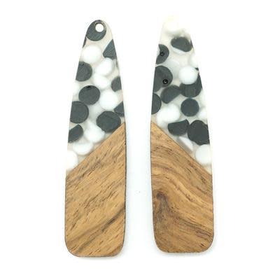 17x66mm Wood & Clear Resin with Black & White Dots Raindrop Focal Piece Pendant (1 Pair)